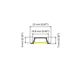 Technical drawing of a cross-section showing dimensions: width 22 mm (0.87″), inner width 16.8 mm (0.66″), height 6 mm (0.24″) on one side and 7 mm (0.28″) on the other—ideal for use as the Groove10.v2, a 0.42″ Recessed LED Channel, in furniture lighting applications.