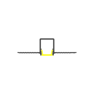 Simple vector diagram of the 0.39 Plasterboard Trimless LED Channel (Model Hide10), showing a U-shaped central section in black, highlighted yellow to indicate a continuous light line, and extending horizontally on both sides.