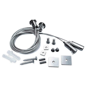 The Universal Hanging Kit includes steel cable, metal wall anchors, screws, bolts, two square metal plates, plastic wall plugs, and metal connectors—perfect for mounting LED channels or diffuser profiles. Shown on a white background.