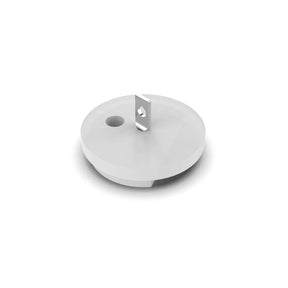 The Vertical Hanging End Cap For Oslo is a white, round, flat end cap with a small vertical metal tab featuring a hole and an extra smaller surface hole, shown on a white background.