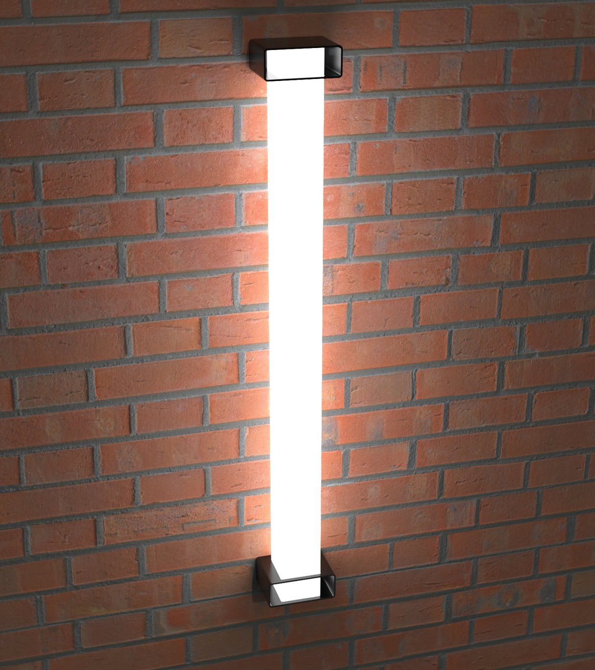 A Surface Mounting Bracket for Holston74 Tube Profile is installed on a red brick wall, casting a bright white glow and illuminating the surrounding bricks.
