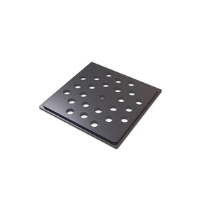 A black, square Aluminum End Cap for Holston74 Profile for Hexagon Heatsink, featuring a grid of evenly spaced round holes, is shown on a white background.
