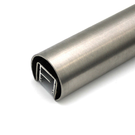 Close-up of the Round Stainless Steel LED Handrail Profile (Model Comenza), featuring a brushed finish and cross-section that reveals an internal rectangular channel with support elements.