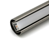Close-up of the Comenza Round Stainless Steel LED Handrail Profile featuring a frosted cover and partially visible LED strip at the end, highlighting the illuminated handrail system.
