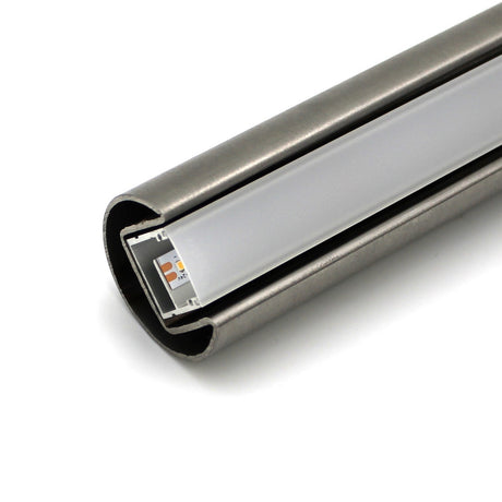 Close-up of the Comenza Round Stainless Steel LED Handrail Profile featuring a frosted cover and partially visible LED strip at the end, highlighting the illuminated handrail system.