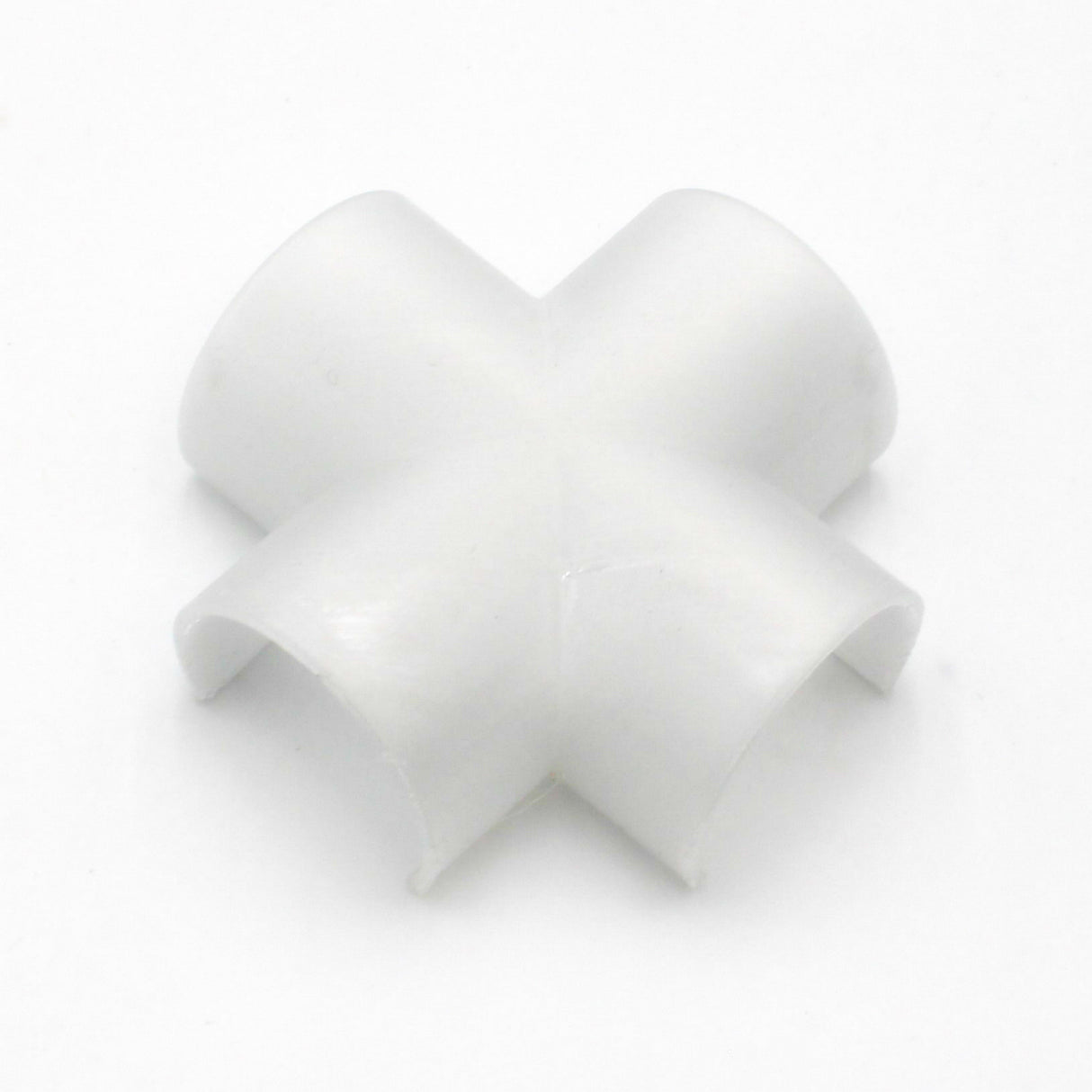 The Drop Ceiling Join Cover for 1.5" Round Profiles is a white plastic cross connector with four open ends, perfect for seamless LED tube installation or integration with drop ceiling LED join covers. Shown on a plain white background.