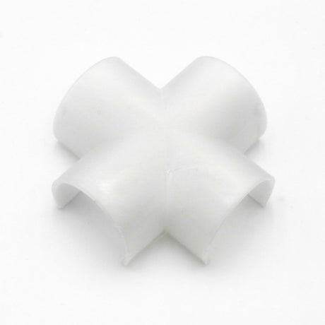 The Drop Ceiling Join Cover for 1.5" Round Profiles is a white plastic cross connector with four open ends, perfect for seamless LED tube installation or integration with drop ceiling LED join covers. Shown on a plain white background.
