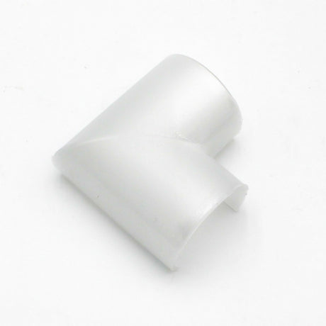 A Drop Ceiling Join Cover for 1.5" Round Profiles, made of white plastic with a smooth finish, ideal for connecting two pipes at a right angle and ensuring seamless LED tube installation, shown on a plain white background.