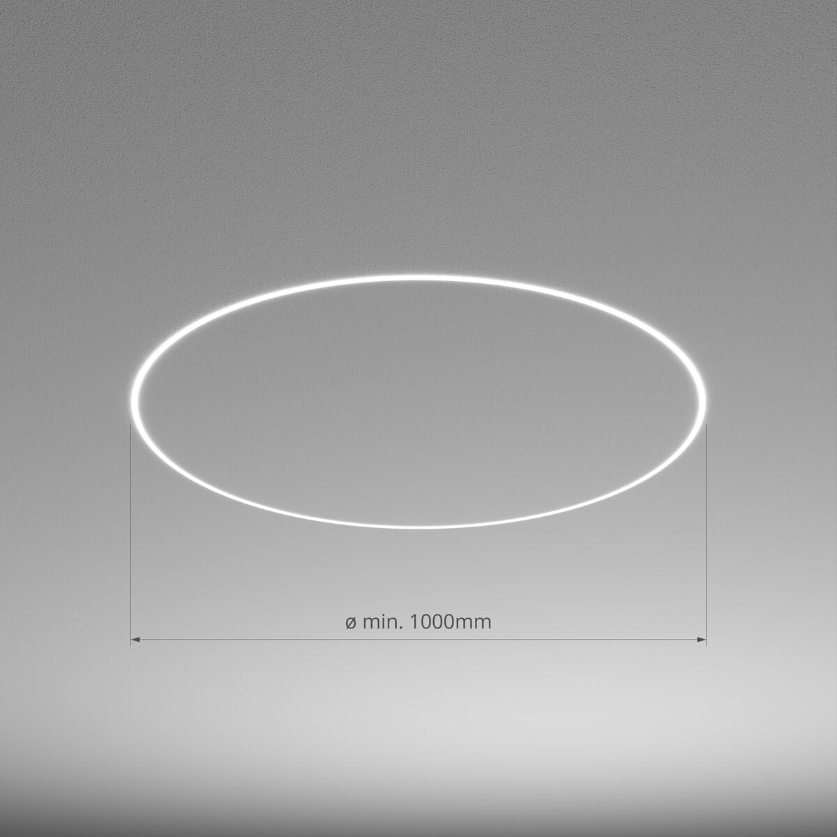 A 0.39 Bendable Drywall LED Lighting Channel (Model Klus KOZEL-10-BD) is installed on a plain grey ceiling in a circular, curved design, with a minimum diameter label of 1000mm shown below the glowing white light.