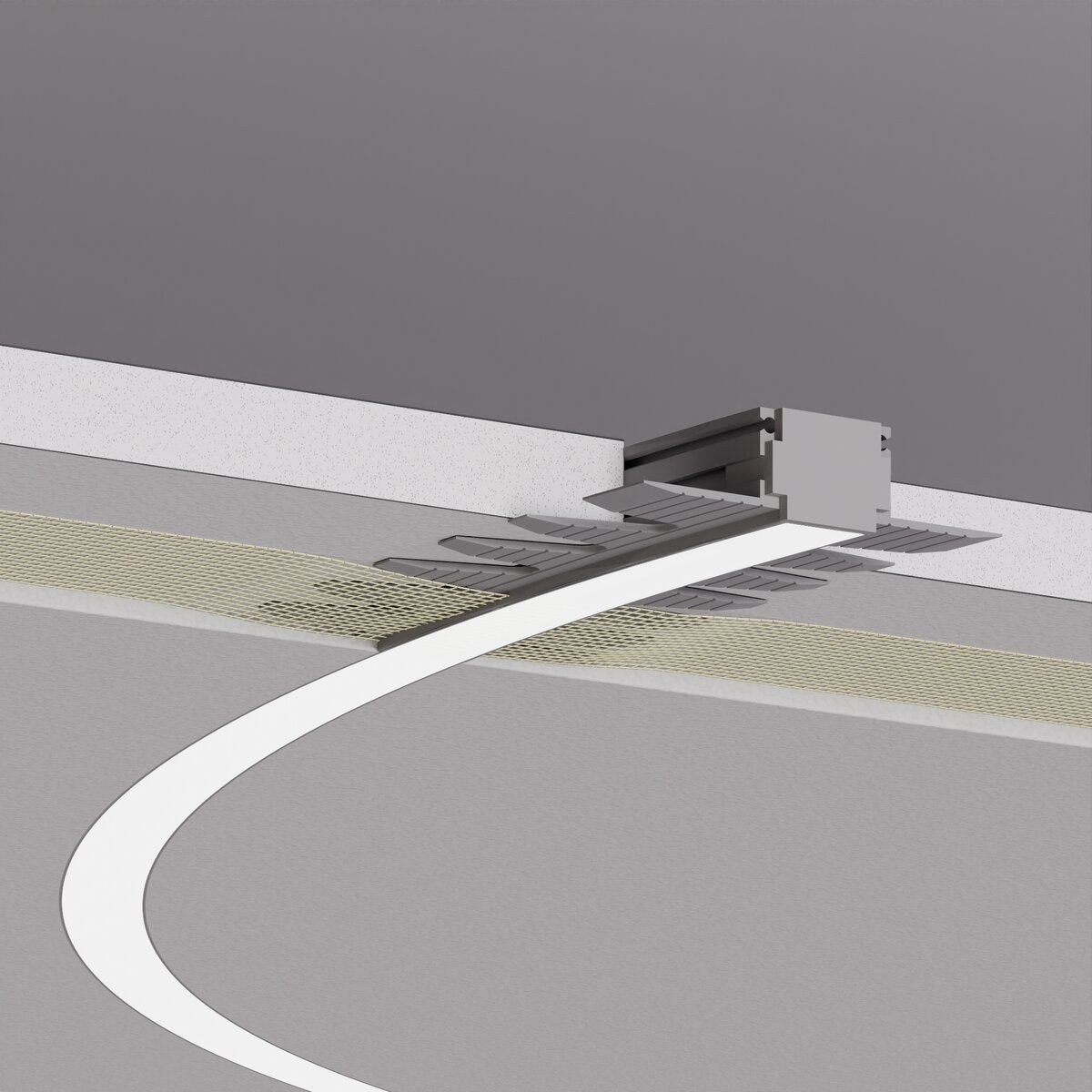 A white line on a gray floor curves toward a small wall opening, passing textured surfaces and tactile paving, echoing the fluid design of the 0.8 Bendable Drywall LED Lighting Channel ~ Model Klus KOZMA-BD found in modern interiors.