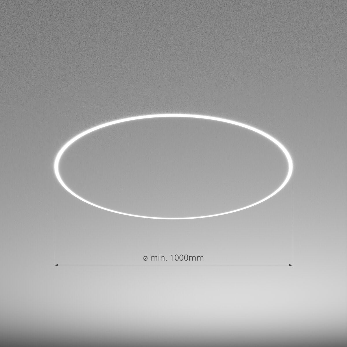 A glowing circular KOZMA-BD LED lighting fixture is mounted on the plain gray ceiling, with a label below showing a minimum diameter of 1000 mm.