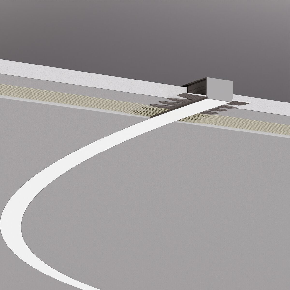 A white curved line leads to a 1.05 Bendable Drywall LED Lighting Channel ~ Model Klus KOZUS-BD, a small gray box on a gray wall, forming a minimalist, abstract composition with soft shadows and muted tones.