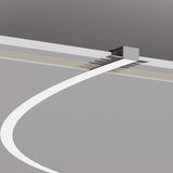 A white curved line leads to a 1.05 Bendable Drywall LED Lighting Channel ~ Model Klus KOZUS-BD, a small gray box on a gray wall, forming a minimalist, abstract composition with soft shadows and muted tones.