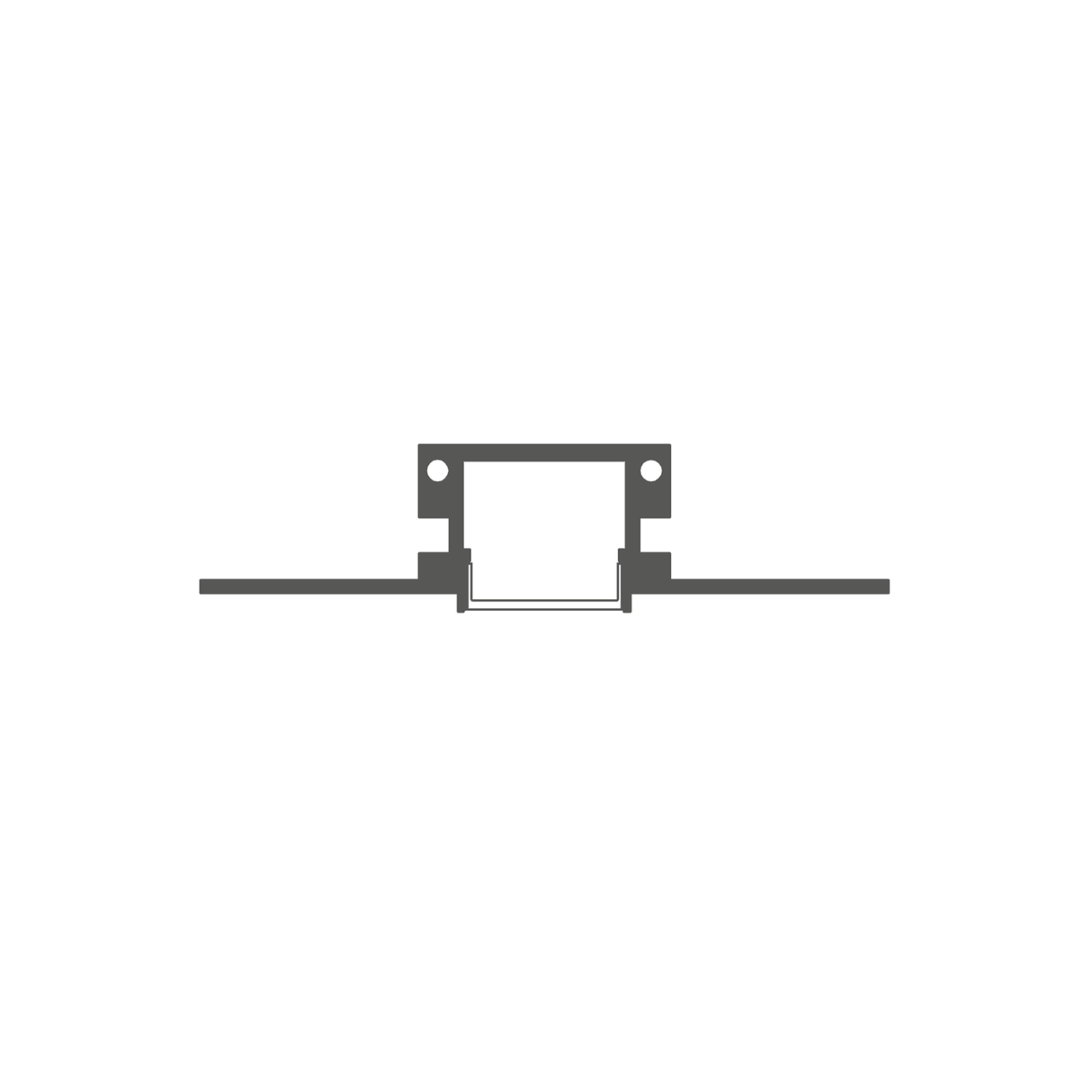 A minimalistic black and white line drawing of the KOZMA-BD 0.8 Bendable Drywall LED Lighting Channel, featuring a central rectangular cutout and two circular holes atop, ideal for architectural decorative lighting.