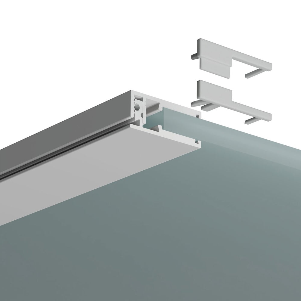 A close-up rendering of a glass partition system with aluminum frame and KRAV-56 profile, featuring the End Cap for KRAV-56 Profile and mounting brackets displayed above the glass panel for installation.