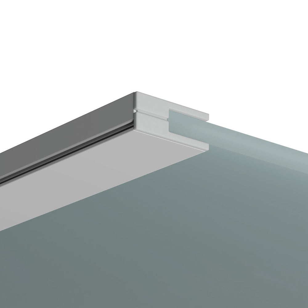 Close-up of a frosted glass panel installed in a sleek KRAV-56 profile ceiling track, highlighting the top edge and modern minimalist design, with focus on the End Cap for KRAV-56 Profile.