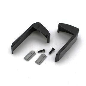 Two black plastic End Caps for Niza Duo, two cast aluminum plates, and two black screws are arranged on a white background.