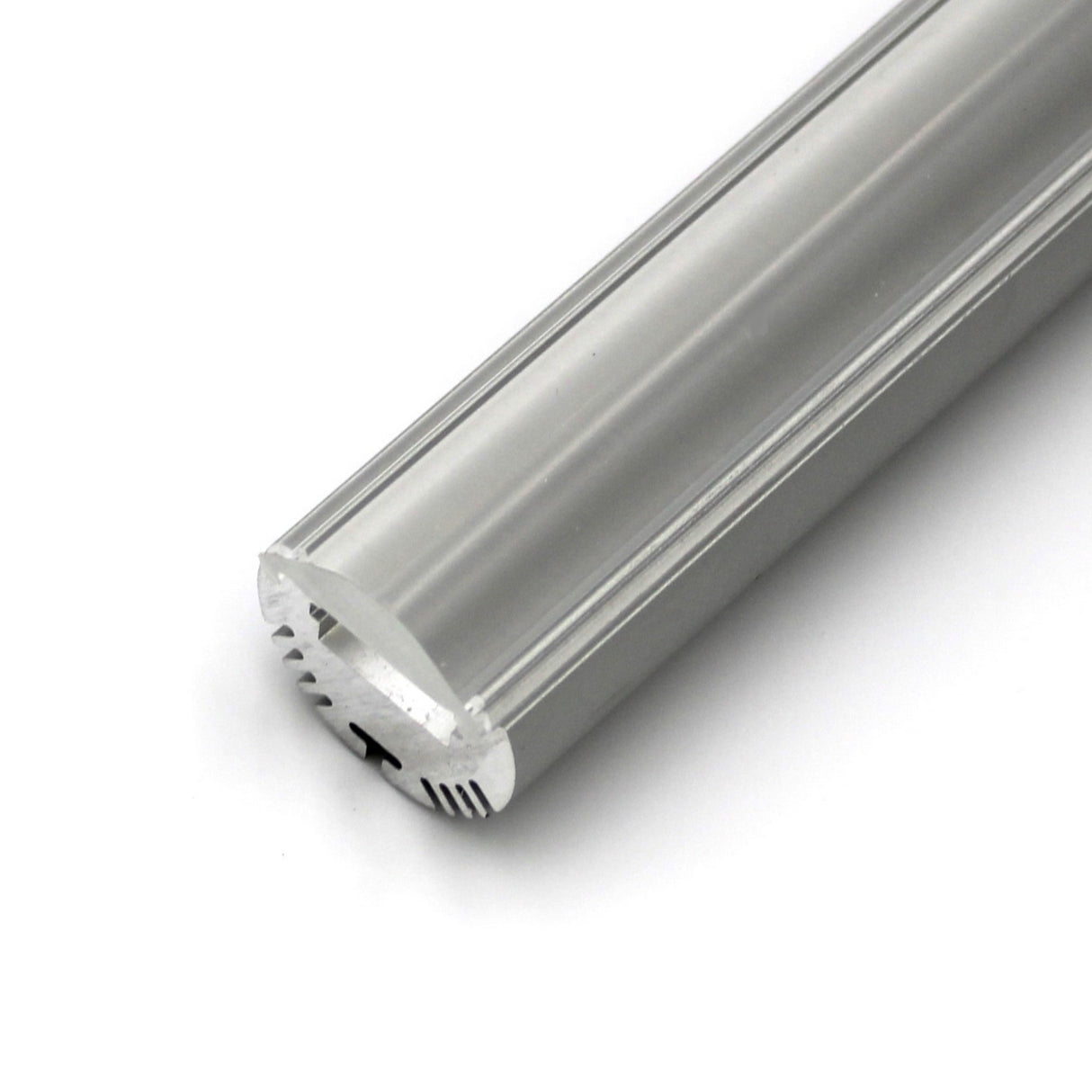 Close-up of a 2m long silver-colored Alu Round profile, cylindrical with domed top and smooth sides, cross-section at one end—perfect for integration with the 30 degree optic lens for Alu-Round profile; bulk pricing available.