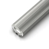Close-up of a 2m long silver-colored Alu Round profile, cylindrical with domed top and smooth sides, cross-section at one end—perfect for integration with the 30 degree optic lens for Alu-Round profile; bulk pricing available.