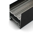 Close-up view of the Direct/Indirect Linear Pendant Lighting LED Channel ~ Model DPL70FL, a black aluminum extrusion with inner channels and grooves, ideal for construction or framing and offering superior heat dissipation.