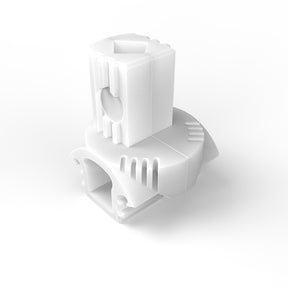 The T Joiner for Alu-Round Profile is a white, geometric 3D-printed plastic connector with multiple slots, holes, and ridges for interlocking, shown on a plain white background.