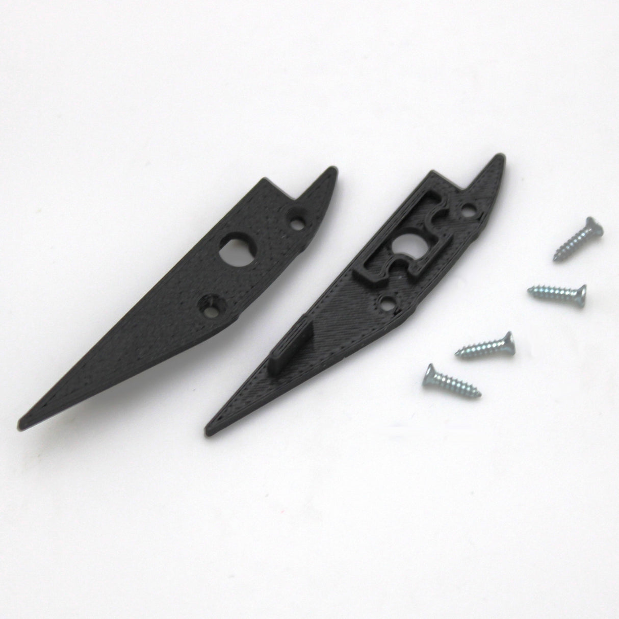 Two black End Caps for Broadway Profile with pointed ends are displayed beside four small silver screws on a white background.