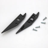 Two black End Caps for Broadway Profile with pointed ends are displayed beside four small silver screws on a white background.