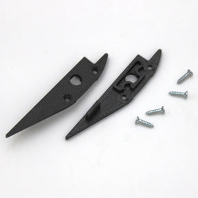 Two black End Caps for Broadway Profile with pointed ends are displayed beside four small silver screws on a white background.