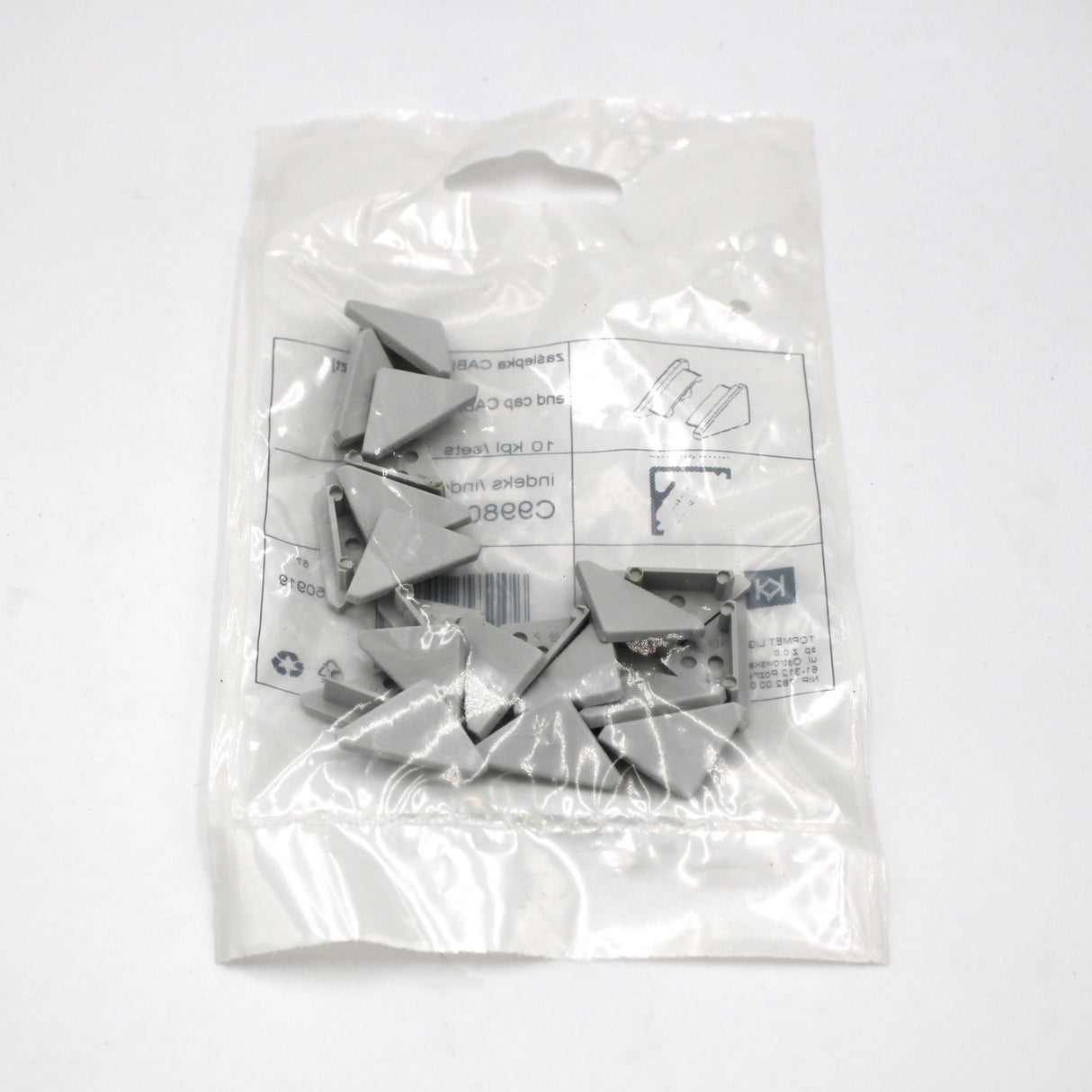 A sealed clear plastic bag containing several gray End Caps for Cabi12 Profile and an instruction sheet is shown on a plain white background.