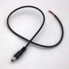 The DC Male 20inch Jack wire features a black 2.1mm DC barrel plug on one end and red/black exposed wires on the other, perfect for surveillance camera connections, shown here on a white surface.
