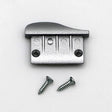 The Aluminum End Cap for Alu-Asymmetric Profile is a metal latch with a curved top, shown above two silver screws on a white background. It is typically used as an accessory for Alu-Asymmetric LED profiles.