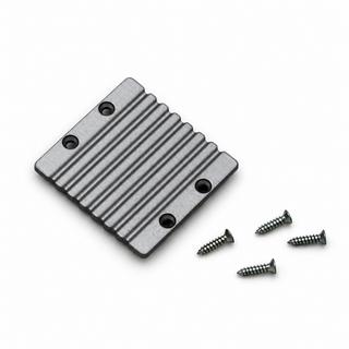 Square, ribbed Aluminum end cap for hiding/mounting base (BA) mounting plate with four screw holes and four accompanying screws.