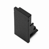 The Plastic End Cap for Hannover Profile is a black, rectangular, 3D printed piece with a textured surface and stepped edges, made in the USA and shown upright on a white background.
