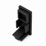 A black, rectangular Plastic End Cap for Hannover Profile with multiple open compartments and angled sections, 3D printed and shown standing upright on a white background.