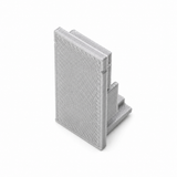 A small gray Plastic End Cap for Hannover Profile, 3D-printed and shaped like an open book, stands upright on a white background.