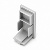 A plastic Hannover Profile end cap with geometric cutouts and a layered texture, featuring two compartments and an angled base platform, is shown against a white background. Made in USA.
