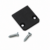 A small black rectangular End Cap for SL15 FL Profile with two holes is shown next to two silver screws on a white background, ideal as an accessory or end cap for lighting fixtures with an aluminum finish.