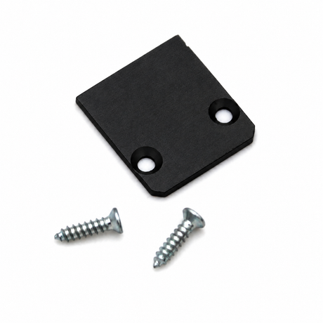 A small black rectangular End Cap for SL15 FL Profile with two holes is shown next to two silver screws on a white background, ideal as an accessory or end cap for lighting fixtures with an aluminum finish.