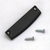 An Aluminum End Cap for SLW10 Profile, rectangular and black, crafted from metal in Europe and featuring two holes at each end, is displayed on a white background beside two silver screws.