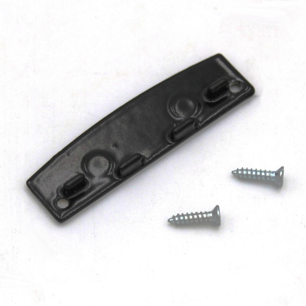 An Aluminum End Cap for the SLW10 Profile, crafted from black metal with three raised tabs and two holes at each end, is displayed next to two silver screws on a white background. Made in Europe for assured quality, this component is designed specifically for use with the SLW10 LED profile.