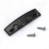 An Aluminum End Cap for the SLW10 Profile, crafted from black metal with three raised tabs and two holes at each end, is displayed next to two silver screws on a white background. Made in Europe for assured quality, this component is designed specifically for use with the SLW10 LED profile.