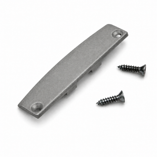 The Aluminum End Cap for SLW10 Profile, featuring two screw holes, is displayed next to two black screws on a white background.