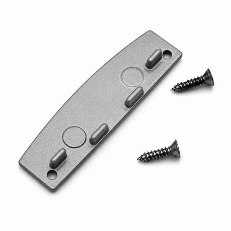 Here is a revised version using the provided product data: A flat, gray Aluminum End Cap for SLW10 Profile features three raised oval bumps, two circular indents, and two screw holes at each end. This European-made accessory comes with two black screws placed beside the end cap on a white background.