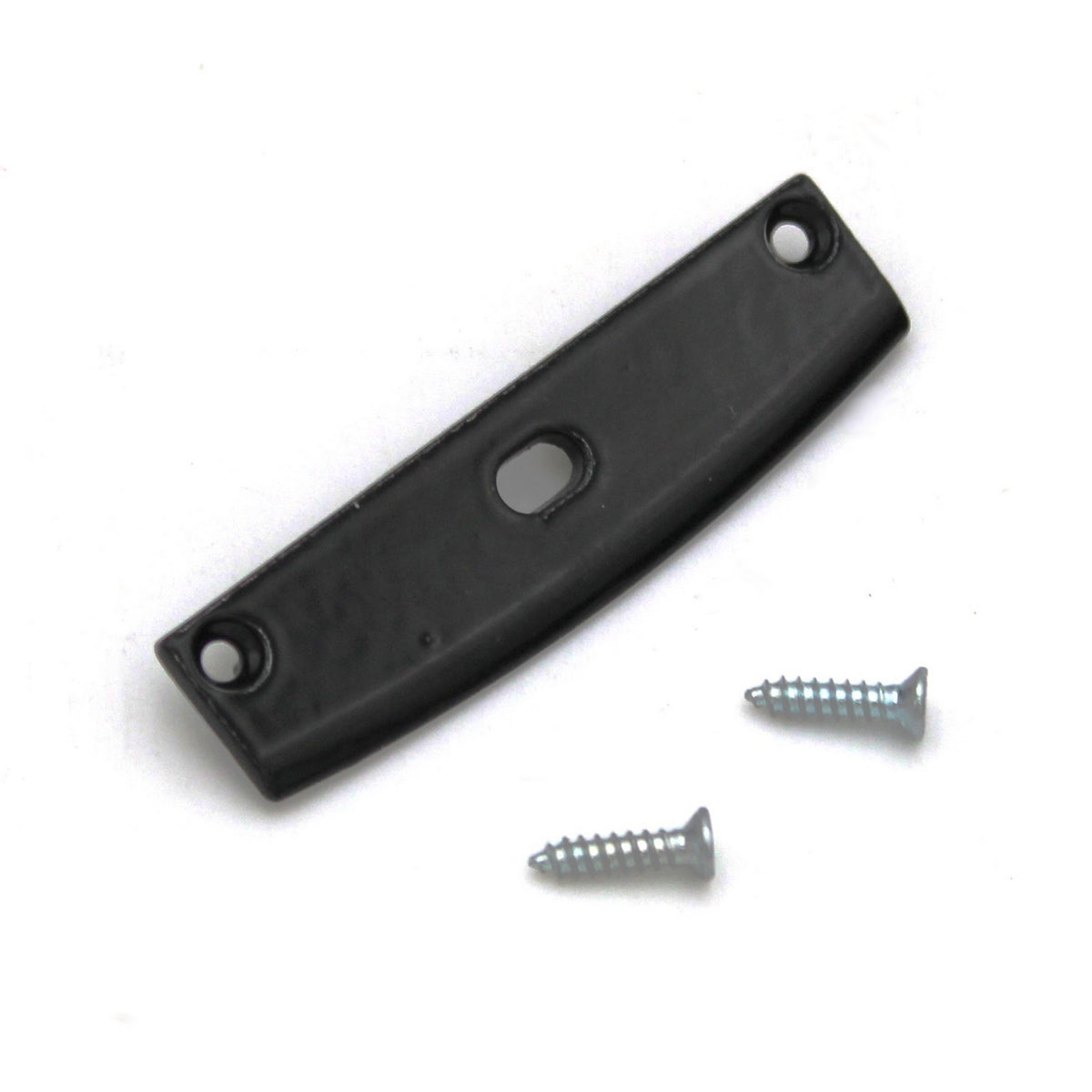 Aluminum End Cap for SLW10 Profile: A black, rectangular plastic bracket featuring a central hole and two end holes, accompanied by two silver screws positioned beside it on a white background. This component serves as the aluminum end cap designed for the SLW10 LED profile, providing a secure and streamlined finish.
