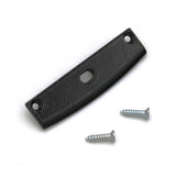 Aluminum End Cap for SLW10 Profile: A black, rectangular plastic bracket featuring a central hole and two end holes, accompanied by two silver screws positioned beside it on a white background. This component serves as the aluminum end cap designed for the SLW10 LED profile, providing a secure and streamlined finish.