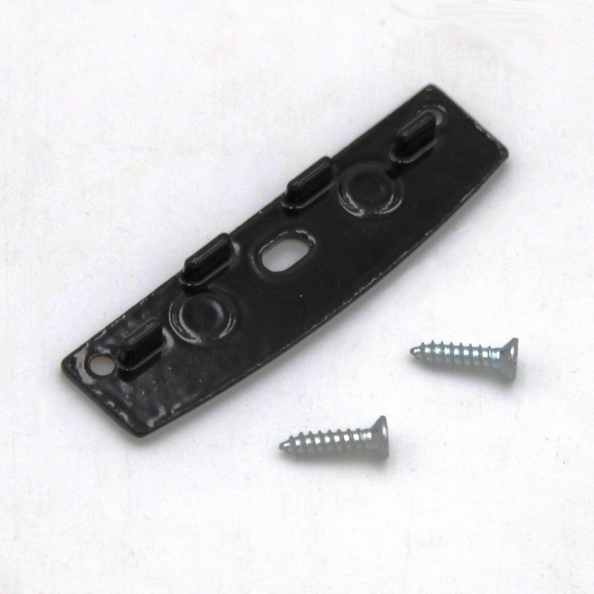 An aluminum end cap designed for the SLW10 profile is displayed on a white background, featuring a sleek black finish. Shown alongside two silver screws, this end cap ensures secure and professional installations with the SLW10 LED profile.