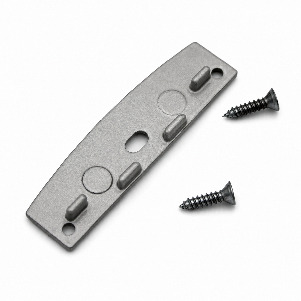 An Aluminum End Cap for SLW10 Profile, featuring a gray finish, two holes, and raised sections, is shown beside two black screws on a white background.