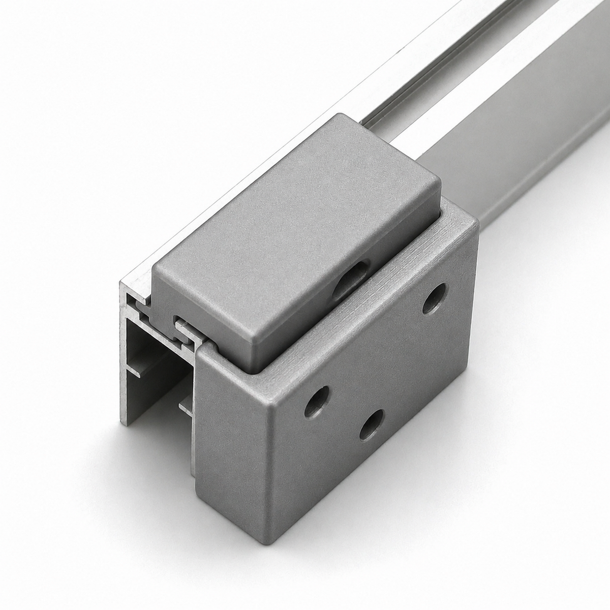 A close-up image displays a Wall Mounting Bracket for Hannover Profile—a rectangular gray PETG bracket with three holes—securely attached to a metal sliding door track on a white background. This setup showcases the bracket’s robust and stylish design, ideal for supporting edge-lit acrylic signage with durability and ease of installation.