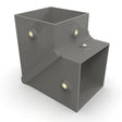 A gray, rectangular metal Corner Joint for Holston74 Profile, with a square top and smaller side outlet for surface mounting, featuring four circular connectors or fasteners, shown on a white background.