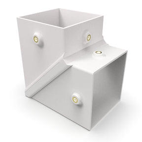 A 3D-rendered image of the Corner Joint for Holston74 Profile, a white rectangular duct transition fitting with four bolt holes, designed for airflow systems to shift ducting from vertical to horizontal at an angle.